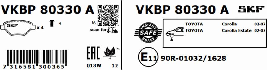 SKF VKBP 80330 A - Гальмівні колодки, дискові гальма autozip.com.ua