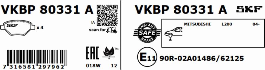 SKF VKBP 80331 A - Гальмівні колодки, дискові гальма autozip.com.ua