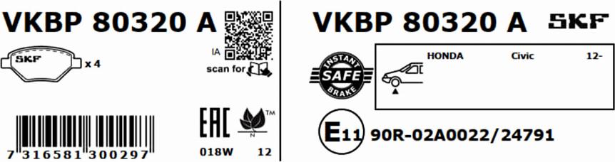 SKF VKBP 80320 A - Гальмівні колодки, дискові гальма autozip.com.ua
