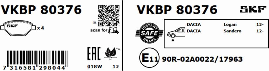 SKF VKBP 80376 - Гальмівні колодки, дискові гальма autozip.com.ua