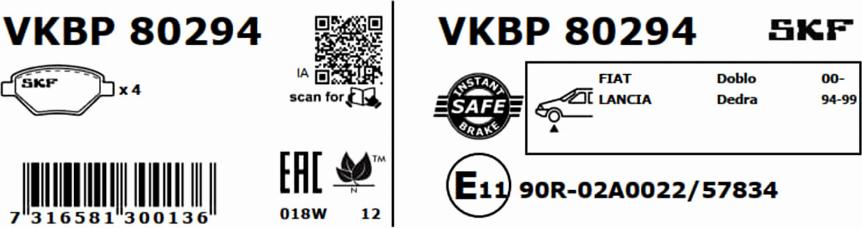 SKF VKBP 80294 - Гальмівні колодки, дискові гальма autozip.com.ua