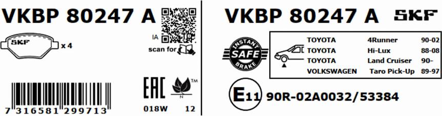 SKF VKBP 80247 A - Гальмівні колодки, дискові гальма autozip.com.ua