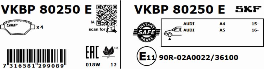 SKF VKBP 80250 E - Гальмівні колодки, дискові гальма autozip.com.ua