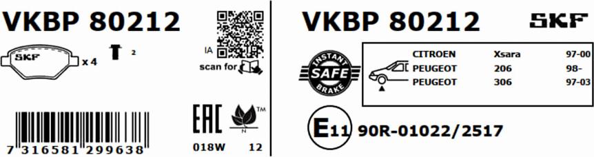 SKF VKBP 80212 - Гальмівні колодки, дискові гальма autozip.com.ua