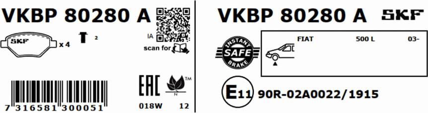 SKF VKBP 80280 A - Гальмівні колодки, дискові гальма autozip.com.ua