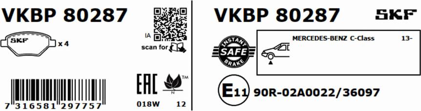 SKF VKBP 80287 - Гальмівні колодки, дискові гальма autozip.com.ua