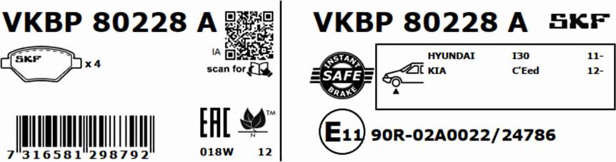 SKF VKBP 80228 A - Гальмівні колодки, дискові гальма autozip.com.ua