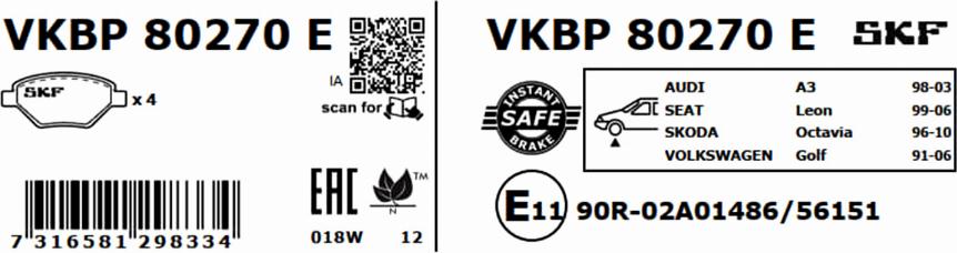 SKF VKBP 80270 E - Гальмівні колодки, дискові гальма autozip.com.ua