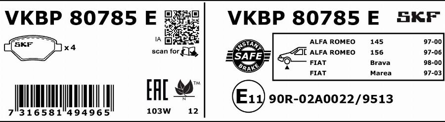 SKF VKBP 80785 E - Гальмівні колодки, дискові гальма autozip.com.ua