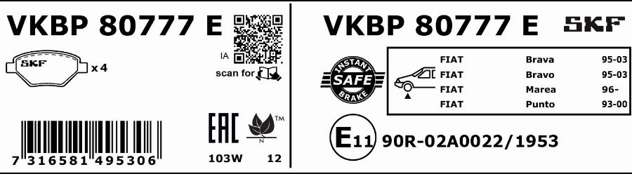 SKF VKBP 80777 E - Гальмівні колодки, дискові гальма autozip.com.ua