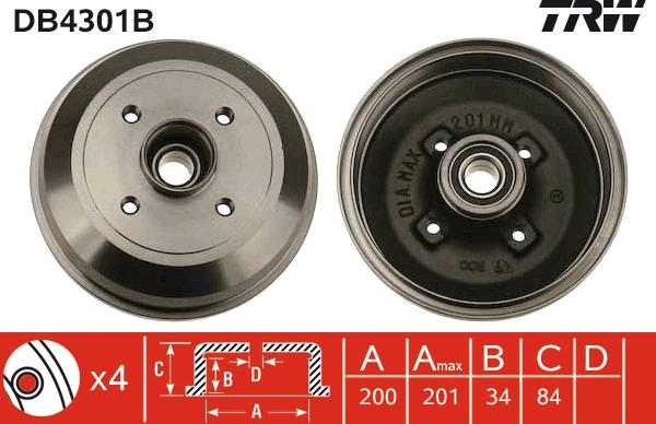 TRW DB4301B - Гальмівний барабан autozip.com.ua