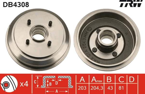 TRW DB4308 - Гальмівний барабан autozip.com.ua