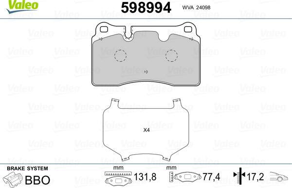 VALEO 598994 - Гальмівні колодки, дискові гальма autozip.com.ua