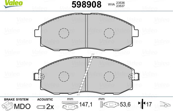 Valeo 598908 - Гальмівні колодки, дискові гальма autozip.com.ua