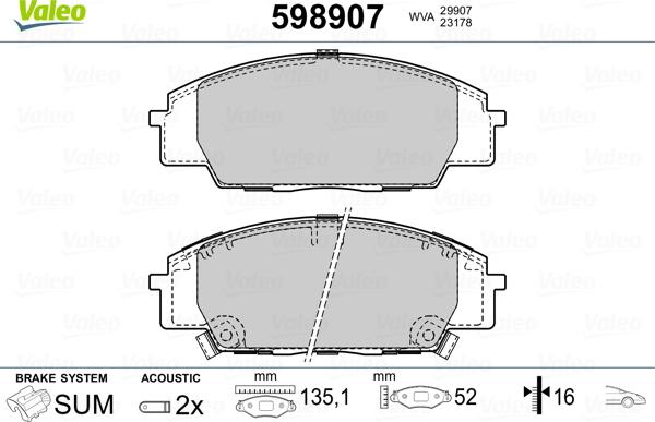 Valeo 598907 - Гальмівні колодки, дискові гальма autozip.com.ua