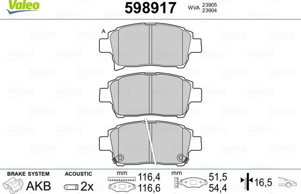 Valeo 598917 - Гальмівні колодки, дискові гальма autozip.com.ua