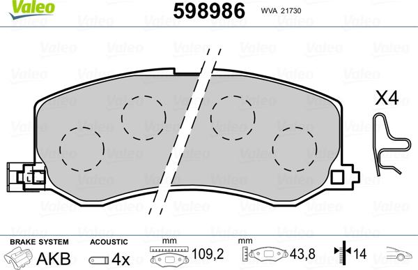 Valeo 598986 - Гальмівні колодки, дискові гальма autozip.com.ua