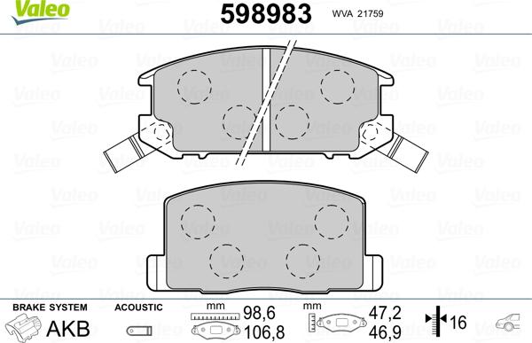 Valeo 598983 - Гальмівні колодки, дискові гальма autozip.com.ua