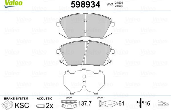 Valeo 598934 - Гальмівні колодки, дискові гальма autozip.com.ua