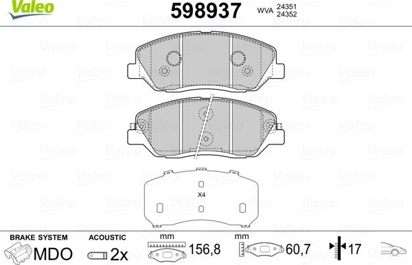 Valeo 598937 - Гальмівні колодки, дискові гальма autozip.com.ua