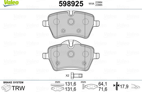 Valeo 598925 - Гальмівні колодки, дискові гальма autozip.com.ua