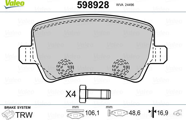 Valeo 598928 - Гальмівні колодки, дискові гальма autozip.com.ua