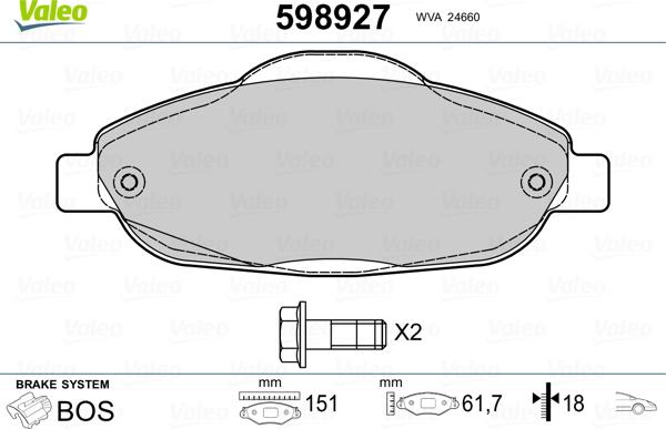 Valeo 598927 - Гальмівні колодки, дискові гальма autozip.com.ua