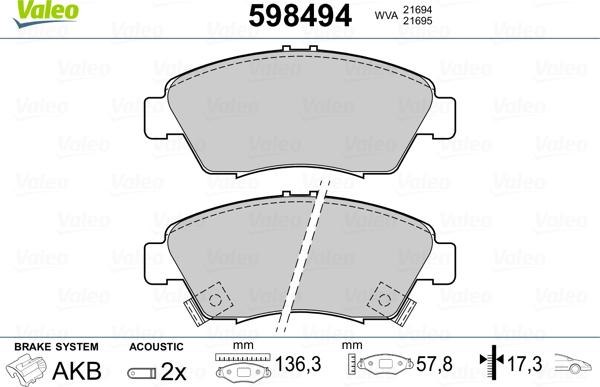 VALEO 598494 - Гальмівні колодки, дискові гальма autozip.com.ua