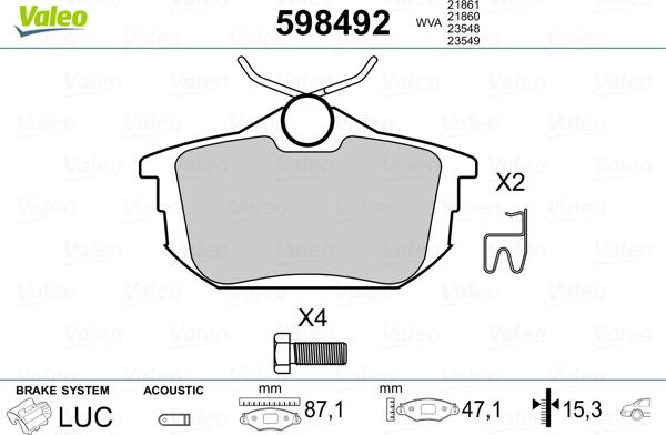 Valeo 598492 - Гальмівні колодки, дискові гальма autozip.com.ua