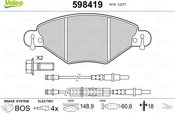 Valeo 598419 - Гальмівні колодки, дискові гальма autozip.com.ua