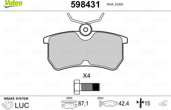 Valeo 598431 - Гальмівні колодки, дискові гальма autozip.com.ua