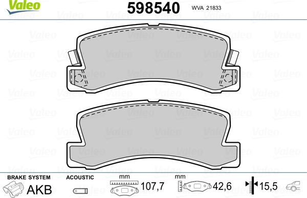 VALEO 598540 - Гальмівні колодки, дискові гальма autozip.com.ua