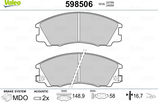 Valeo 598506 - Гальмівні колодки, дискові гальма autozip.com.ua