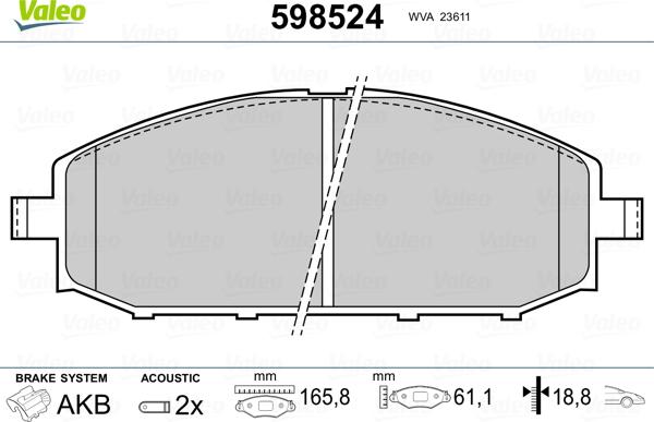 Valeo 598524 - Гальмівні колодки, дискові гальма autozip.com.ua