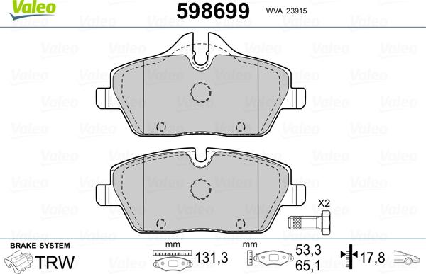 Valeo 598699 - Гальмівні колодки, дискові гальма autozip.com.ua