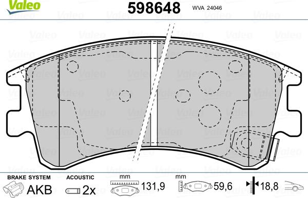 Valeo 598648 - Гальмівні колодки, дискові гальма autozip.com.ua