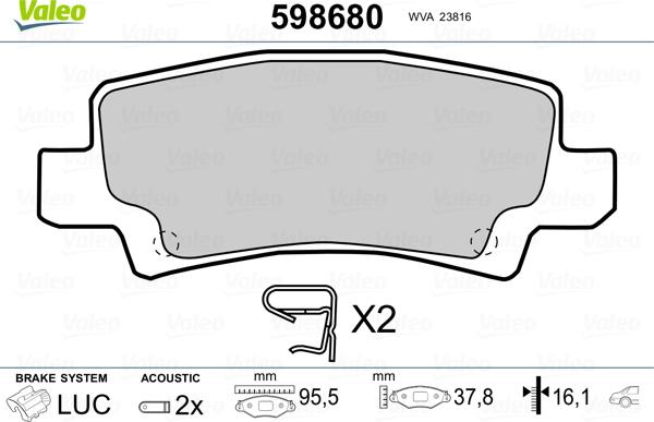 Valeo 598680 - Гальмівні колодки, дискові гальма autozip.com.ua