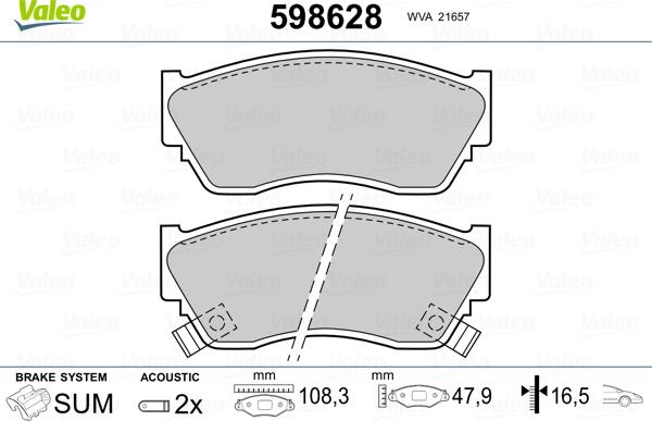 VALEO 598628 - Гальмівні колодки, дискові гальма autozip.com.ua