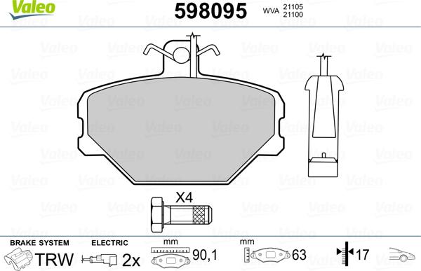 Valeo 598095 - Гальмівні колодки, дискові гальма autozip.com.ua