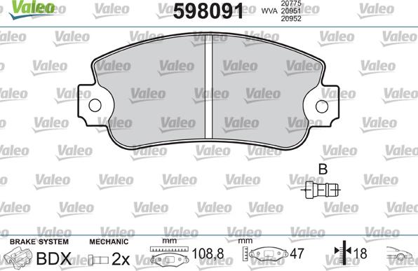 Valeo 598091 - Гальмівні колодки, дискові гальма autozip.com.ua