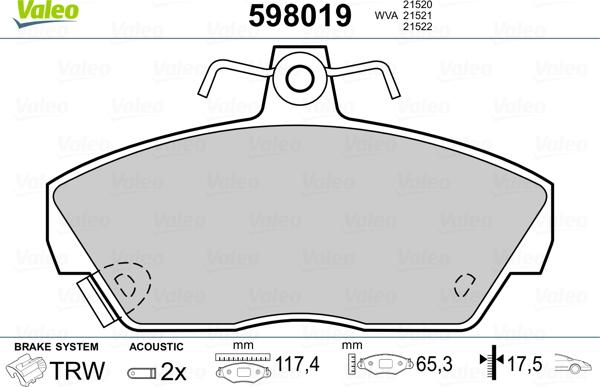 Valeo 598019 - Гальмівні колодки, дискові гальма autozip.com.ua