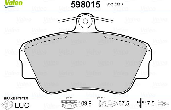 Valeo 598015 - Гальмівні колодки, дискові гальма autozip.com.ua