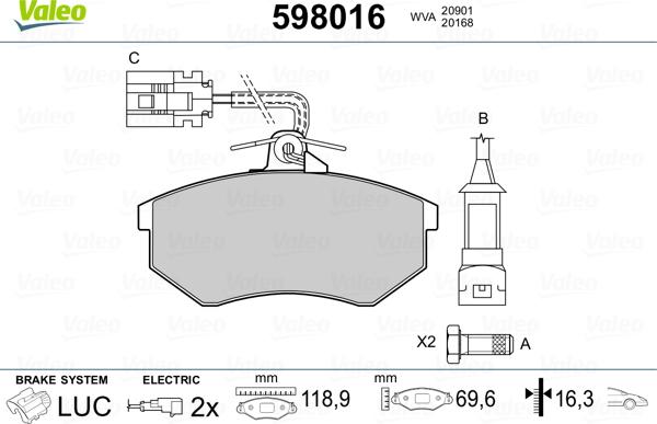 Valeo 598016 - Гальмівні колодки, дискові гальма autozip.com.ua