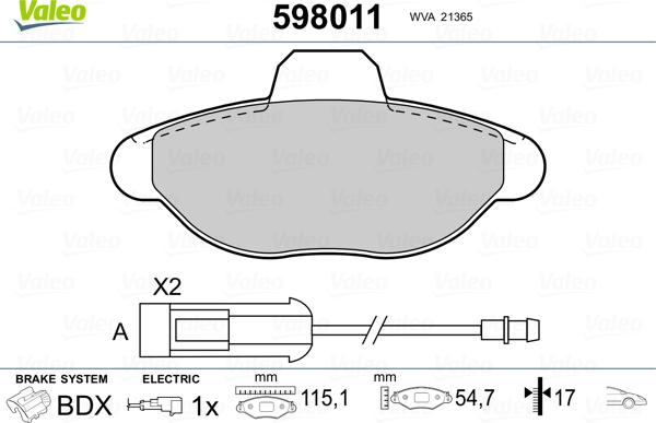 VALEO 598011 - Гальмівні колодки, дискові гальма autozip.com.ua