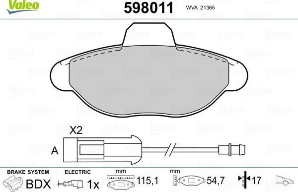 Valeo 598011 - Гальмівні колодки, дискові гальма autozip.com.ua