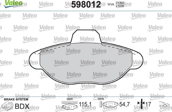 VALEO 598012 - Гальмівні колодки, дискові гальма autozip.com.ua