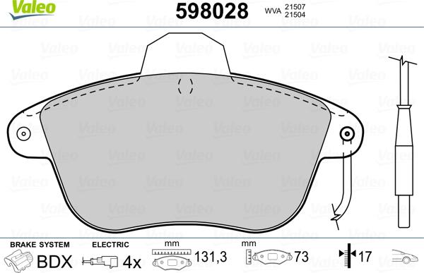 Valeo 598028 - Гальмівні колодки, дискові гальма autozip.com.ua