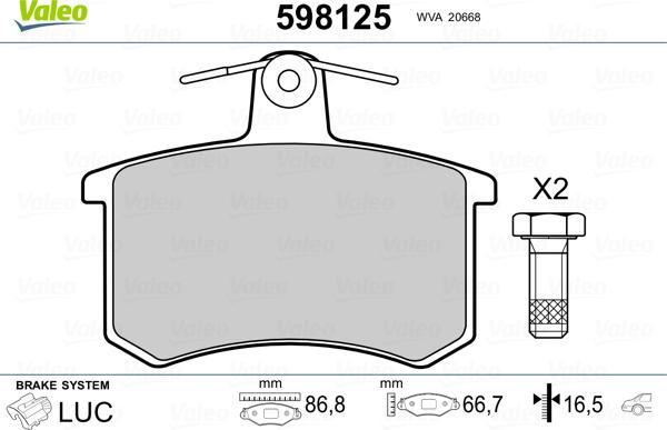 VALEO 598125 - Гальмівні колодки, дискові гальма autozip.com.ua