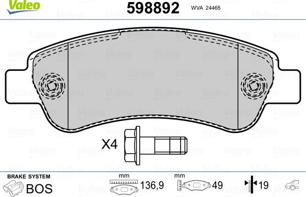 Valeo 598892 - Гальмівні колодки, дискові гальма autozip.com.ua