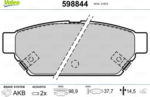 Valeo 598844 - Гальмівні колодки, дискові гальма autozip.com.ua